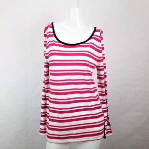 Banana Republic Pink & White Roll Tab Long Sleeve Striped Scoop Neck Relaxed Top
